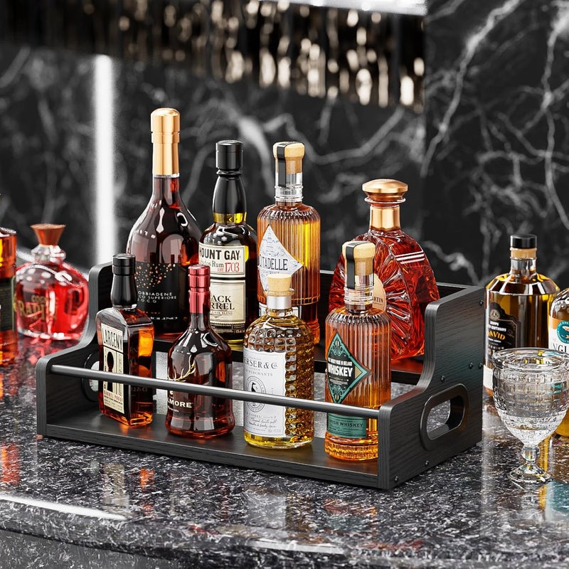 KLM Liquor Bottle Display Shelf, Coffee Syrup Rack Organizer, 2 Step Countertop Liquor Wine Rack, Mini bar,Liquor Cabinet, Home Retro Bar Shelf Stand for Liquor Whiskey, Spirits, (Black) - Image 2